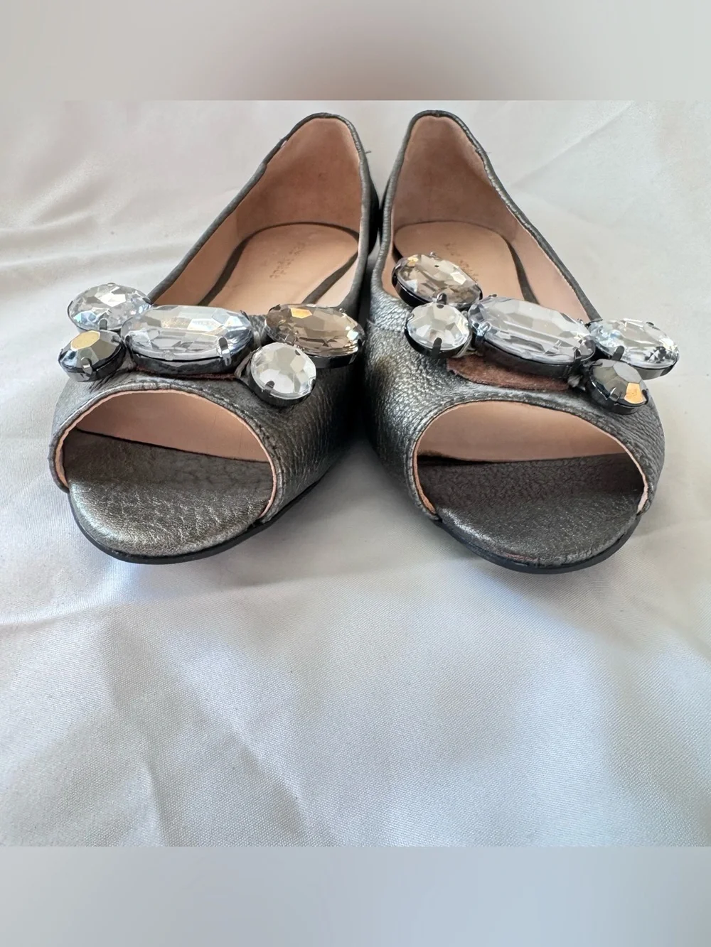 Kate Spade New York Metallic Grey Leather Peep-Toe Flats Dress Shoes Women Sz 7